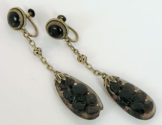 Antique Chinese Export Sterling Silver Black Onyx & Jade Jadeite Carved Earrings