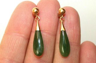 Vintage Solid 14k Yellow Gold Tear Drop Green Jade Earrings