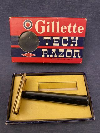 Vintage Gillette Tech Razor Shaving With Box Gold Head Black Handle