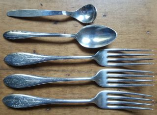 Set Of 5 Antique Sterling Silver Forks And Spoons