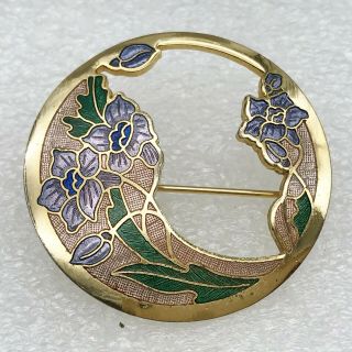 Vintage Gold Tone Enamel Flowers Floral Cut Work Pin Brooch By Crown Fish