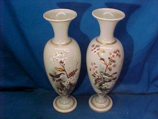 Pair 19thc Victorian Era Hand Painted Bristol Glass Vases W Bird Designs