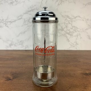Vintage Coca Cola Straw Dispenser Glass Holder Jar Coke Bottle Soda Drink 1992