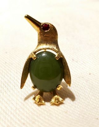 Vtg Charles Reiss C.  R.  Co.  Sterling Penguin Pin Jade Body Yellow Gold Plated