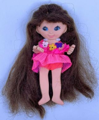1969 Vintage Ideal 5” Flatsy Doll Brown Hair Blue Eyes With Clothes