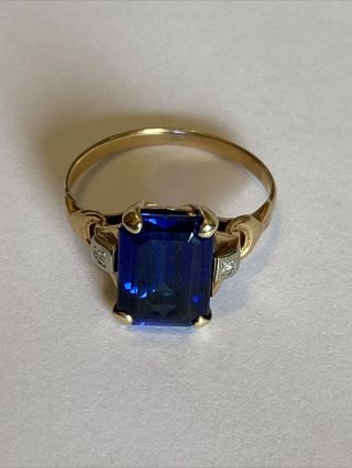 Antique 14k Gold Diamond And Syn.  Blue Sapphire Ring 4.  5 Carat Sapphire