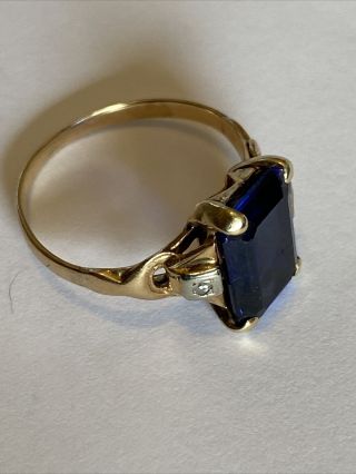 Antique 14k Gold Diamond And Syn.  Blue Sapphire Ring 4.  5 Carat Sapphire 3