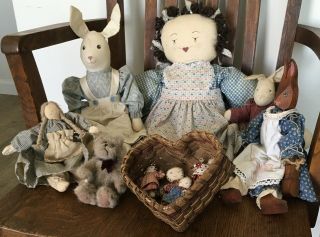 8 Vintage Items Handmade Dolls Bears Floppy Eared Rabbits Raggedy Ann