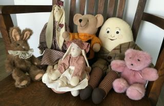 6 Vintage Items Handmade Dolls Bears Floppy Eared Rabbits Humpty Dumpty
