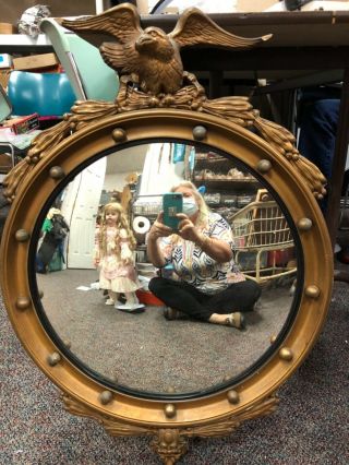 Antique Federal Eagle Bullseye Gold Gesso Over Wood Convex Mirror