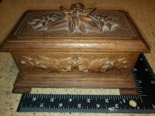 German Black Forest Carved Walnut Wood Jewelry Casket Box Carved Edelweiss