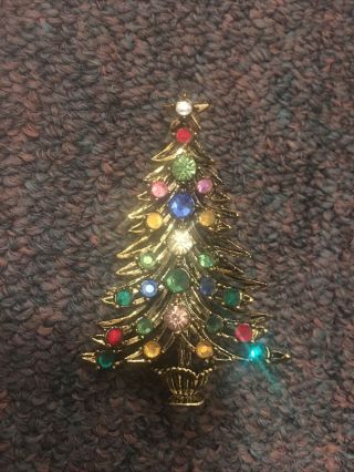Vintage Hollycraft Christmas Tree Brooch Pin Rhinestone