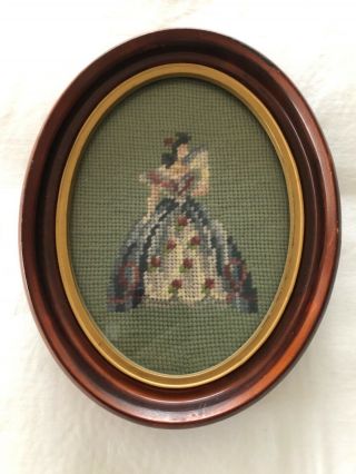 Framed Oval Vintage Crinoline Lady Needlepoint