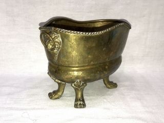 Vtg Solid Hammered Brass Planter Pot W/lion Heads Ring Handles & Claw Footed