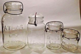 4 Vintage Atlas E - Z Seal Canning Jars Glass Lids 1/2 Gal 1qt 1pint 1/2 Pint