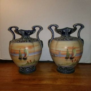 Antique Nippon Moriage Vases Hand Painted Sailboats
