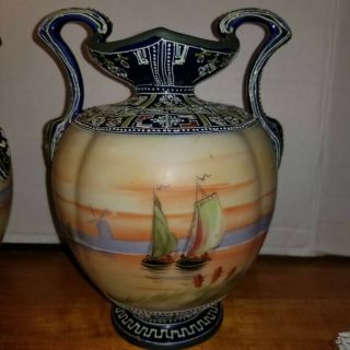 ANTIQUE NIPPON MORIAGE VASES HAND PAINTED SAILBOATS 2