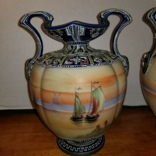 ANTIQUE NIPPON MORIAGE VASES HAND PAINTED SAILBOATS 3