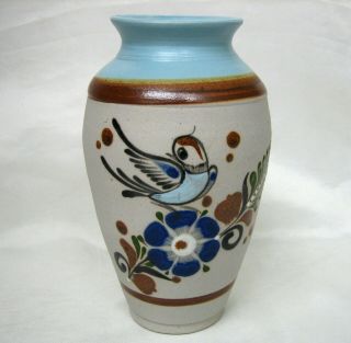 Vintage Tonala Mexican Pottery Vase With Blue Bird Mexico