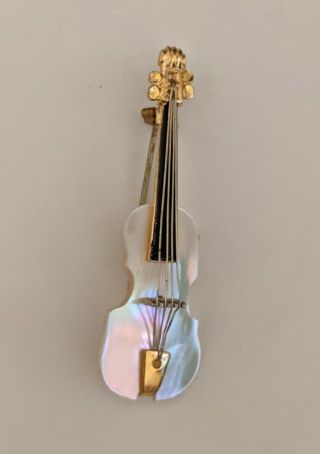 Vintage Mother Of Pearl Violin Gold Tone Brooch Pin - Made In W.  Germany