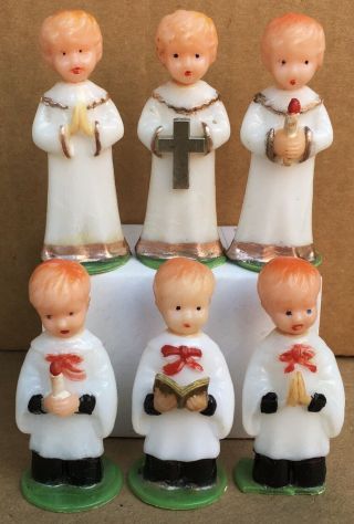 6 Vintage Choir Altar Boys Hard Plastic Figures Hong Kong Putz Church Figurines