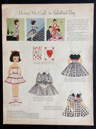 Vintage Betsy Mccall Mag.  Paper Dolls,  Betsy On Valentines Day,  Feb.  1957