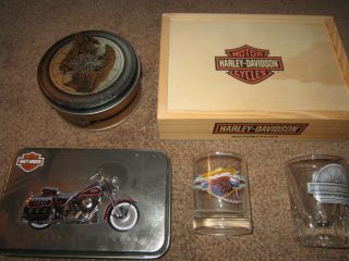 H - D Zippo Lighter,  Playing Cards,  2 Shot Glasses Harley - Davidson Gift Tins