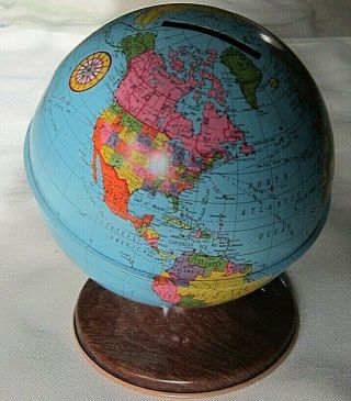 Vintage World Globe Bank - Ohio Art Co - Tin W/base - Seamed - Plastic Plug - 5 " X 4 " Dia