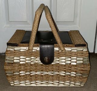 Vintage Wicker Rattan & Wood Sewing Basket Box - Cushion
