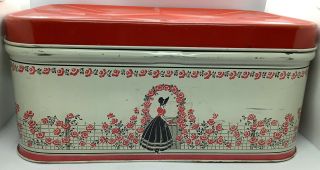 Vintage Top Hinge Tin Metal Bread Box Girl With In Dress With Hat And Flowers