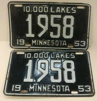 Mn Minn License Plate Pair 1953 Minnesota - Low - 4 Digit (1958)