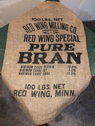 Vintage Red Wing Milling Co Pure Bran Burlap Feed Sack Bag Minnesota Mn Minn