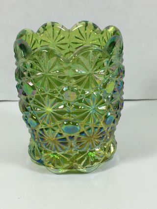Vintage L.  E.  Smith Toothpick Holder “daisy & Button” Green Carnival Glass