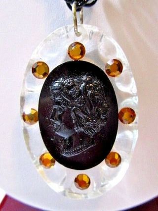 Necklace Vintage Celluloid Black & Clear Cameo W Yellow Accents Pendant