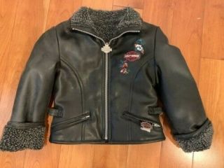 Harley Davidson Leather Jacket Girls Sherpa Wool Lined Black Embroidered Size 5