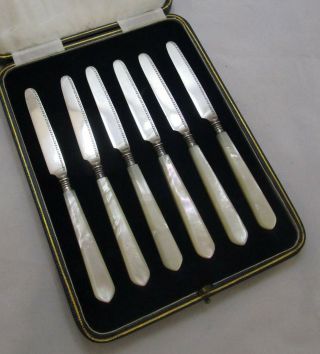 Good Set 6 Antique George V Sterling Silver & Mop Tea Knives,  1932,  120g