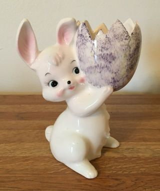 Vintage Norcrest White Bunny Rabbit Holding Cracked Egg Ceramic Planter Figure