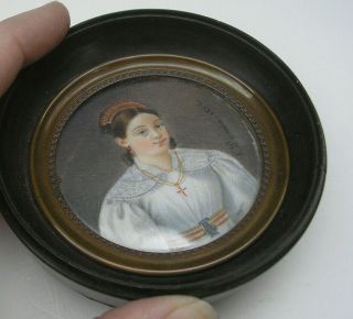 Antique 1825 Hand - Painted Miniature Portrait - Signed
