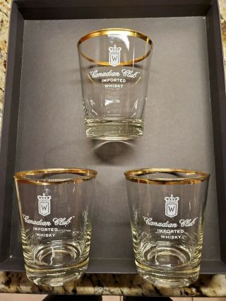 Canadian Club Whiskey Rocks Glasses Gold Rim Vintage Set Of 3