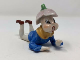 Vintage Ceramic Crawling Pixie Elf Figurine With A Tulip Flower Hat Japan
