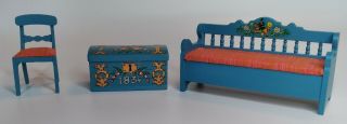 Vintage Lundby Wood Dollhouse Blue Chest,  Bench,  & Chair