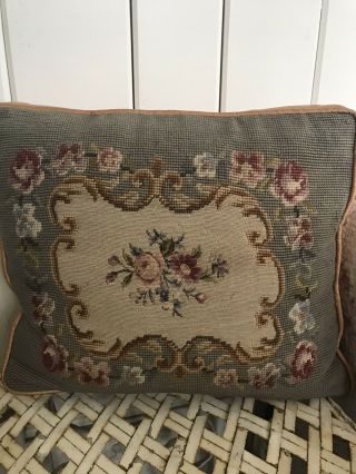 Vintage Wool Needlepoint Petit Point Tapestry Floral Pillow Roses Satin Backing