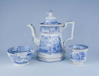 Antique English Staffordshire Lozere Blue Transferprint Teapot W Cup & Bowl