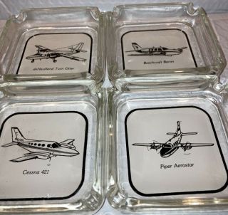 4 Vintage Glass Airplane Ashtrays Baron,  Twin Otter,  Cessna 421,  Piper Aerostar