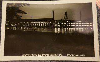 Vintage Postcard Real Photo Northwestern Steel And Wire Co Sterling Il Night