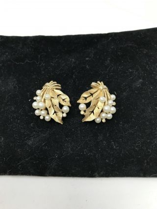 Vintage Signed Crown Trifari Satin Gold Faux Pearl Rhinestone Leaf Clip Earrings