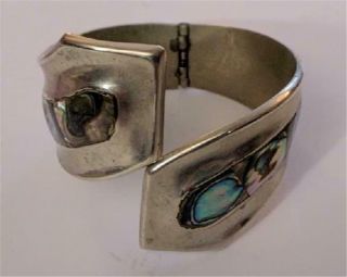 Vintage Made In Mexico Alpaca Nickle Silver Inlaid Abalone Hinged Cuff Bracelet