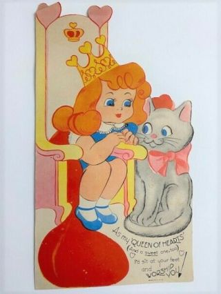 Vintage Valentine Card Queen Of Hearts Girl With Cat Eyes Move