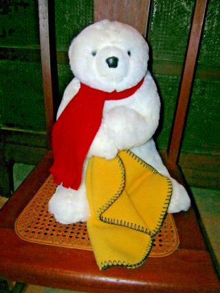 Vintage 1997 Dakotah Polar Bear Plush Animal With Fleece Blanket & Red Scarf 14 "