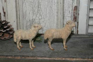 2 Antique German Flocked Putz Stick Leg Sheep